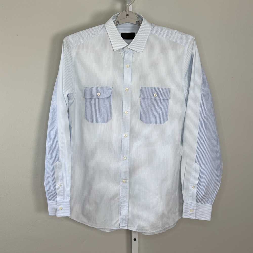 LOEWE Men's Patchwork Mixed Stripe Button Down Shirt Blue White Luxury IT 43‎